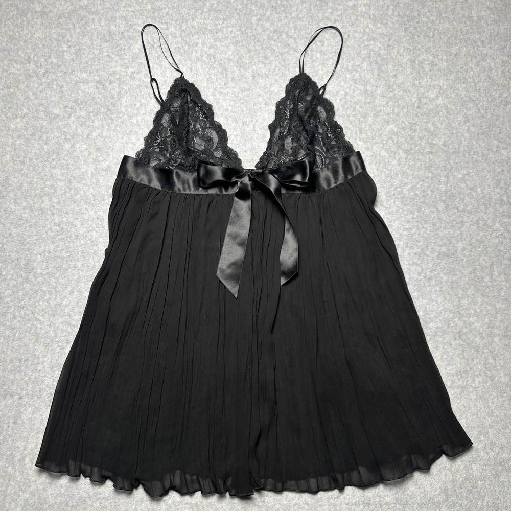 Victoria's Secret Black Bow Satin Chiffon Pleated Lace Babydoll Nightie Woman L
